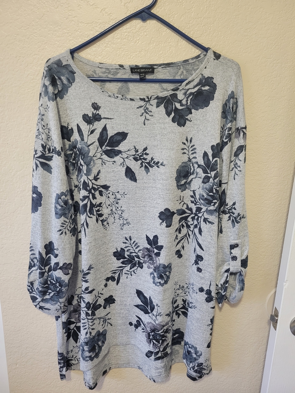Lane Bryant Gray and Navy Floral Tie-Sleeve Tunic